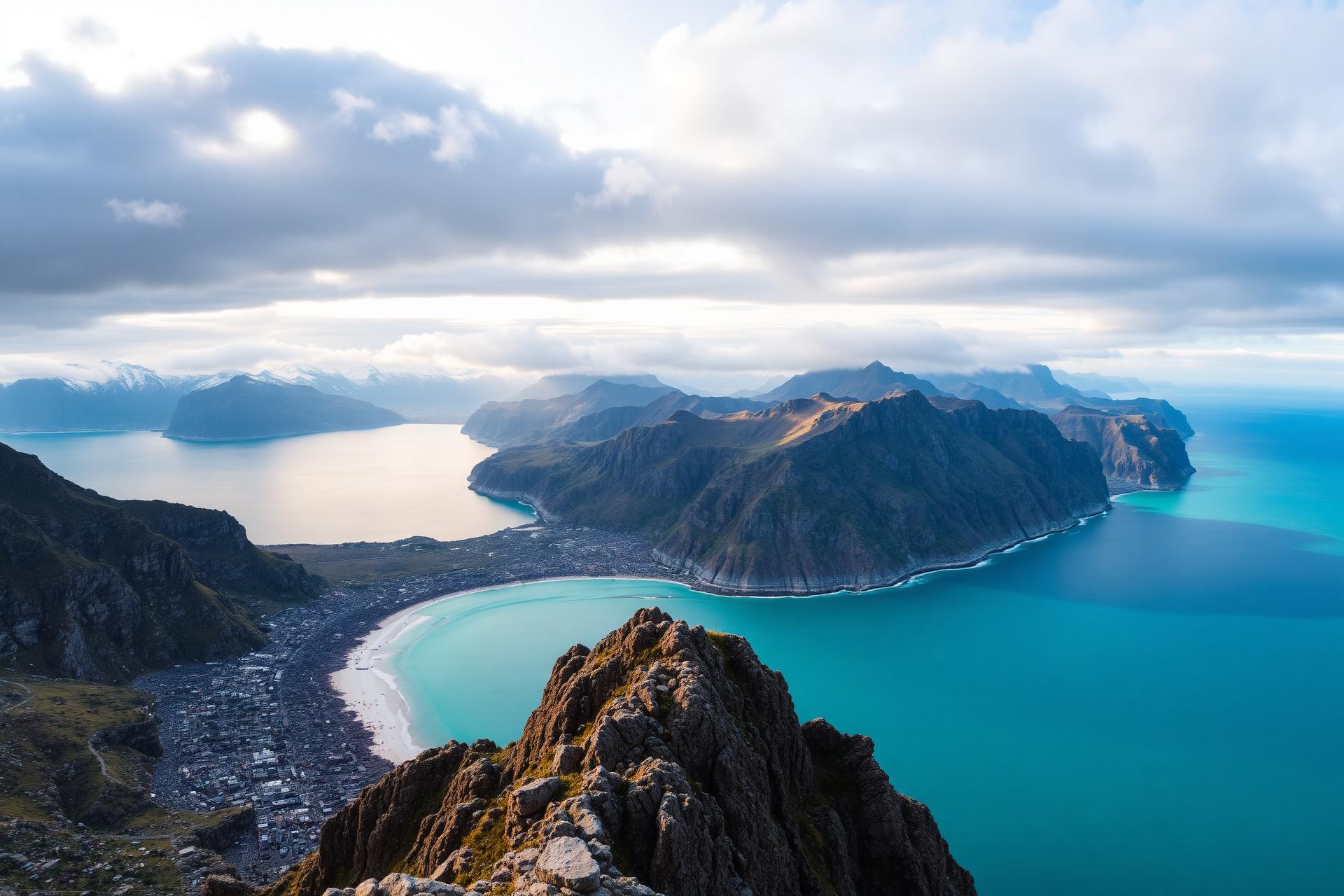 Mountain peaks rising above a turquoise coastline