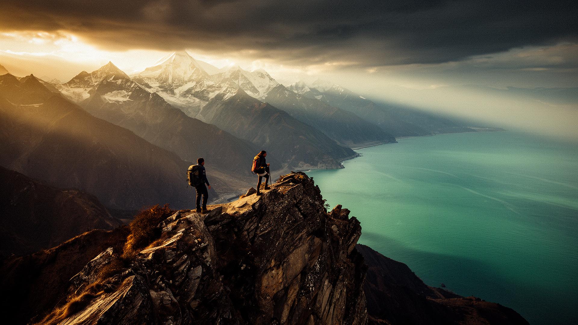 Adventurers on a ridge where the mountains meet the sea